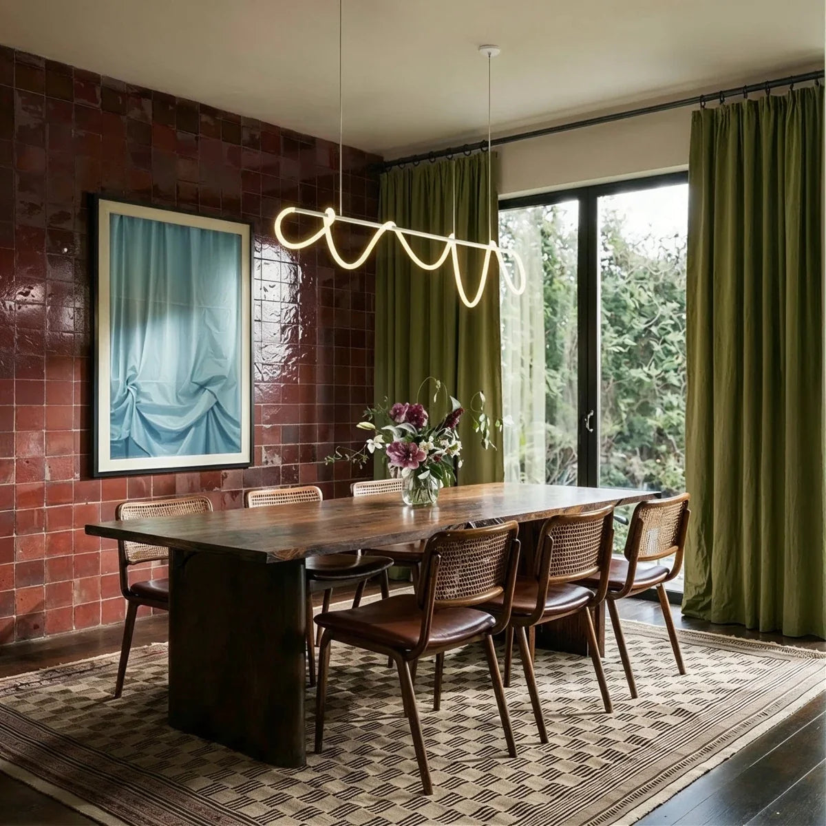 Suspension LED design au-dessus d'une grande table dans une salle à manger en brique Image