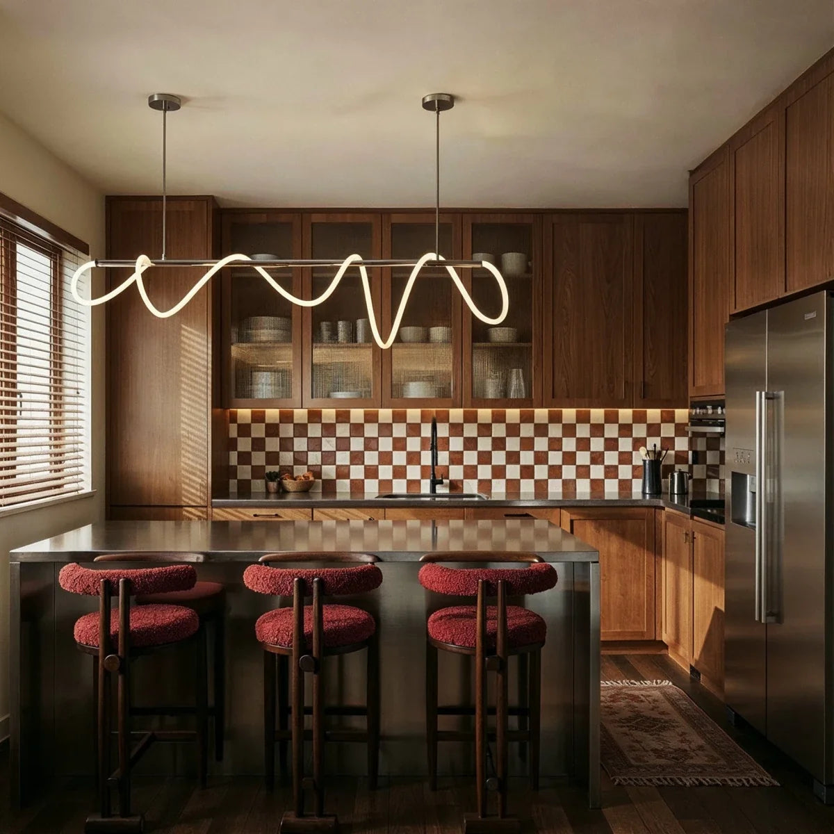Suspension LED design au-dessus d'un îlot de cuisine en bois foncé