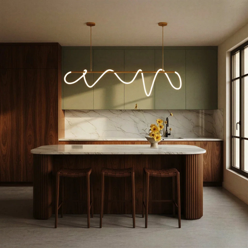 Suspension LED design dorée au-dessus d'un îlot de cuisine en marbre blanc