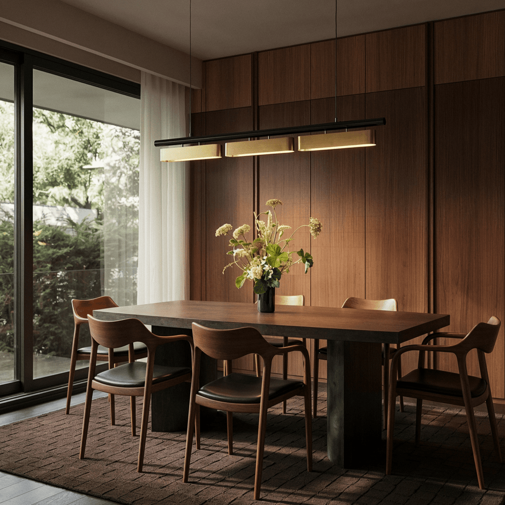 Lustre led linéaire au-dessus d'une table de salle à manger en bois