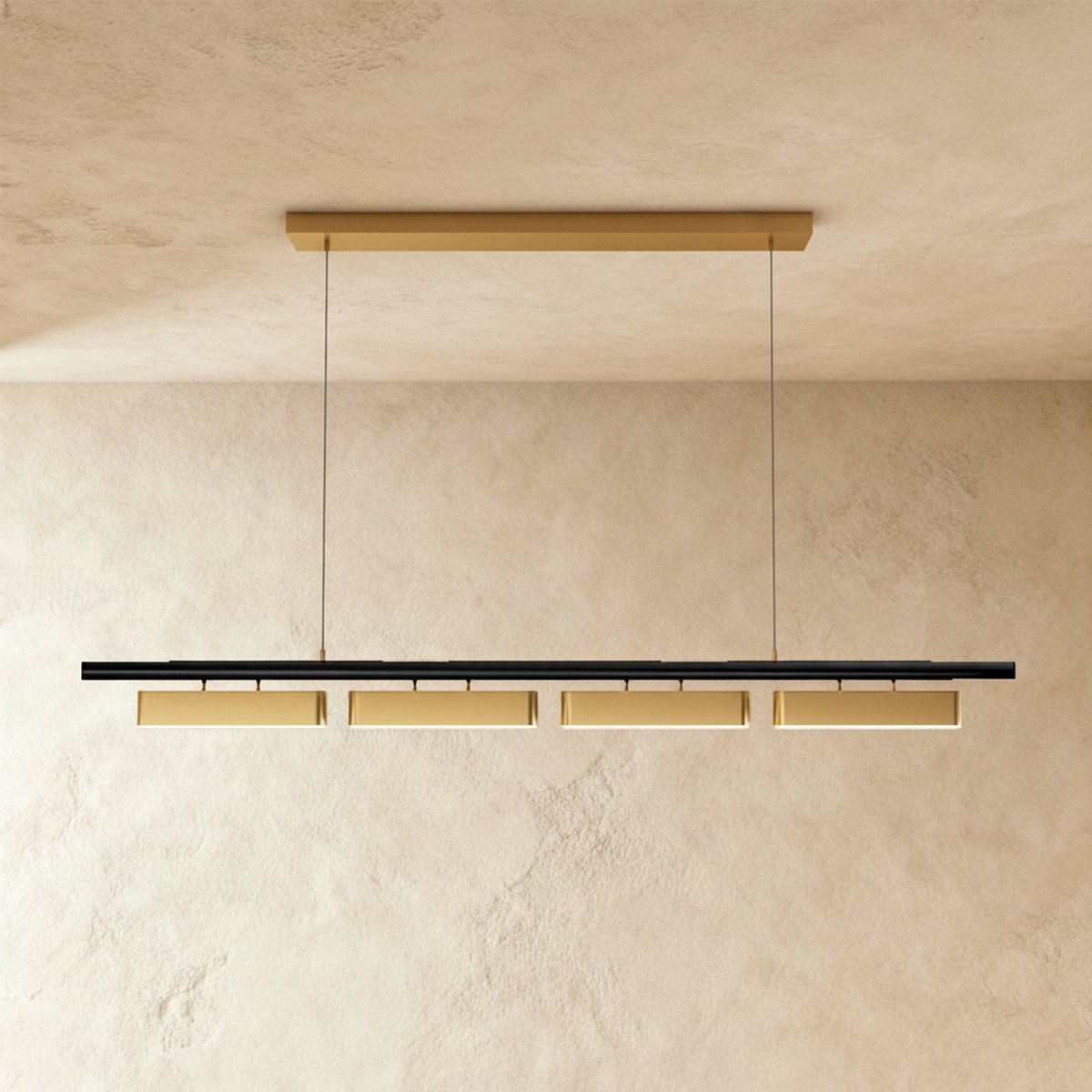 Lustre led linéaire 4 têtes barre horizontale avec diffuseurs laiton