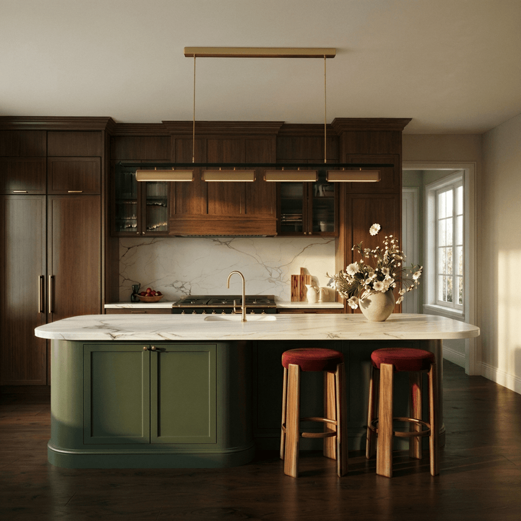 Lustre led linéaire au-dessus d'un îlot central de cuisine