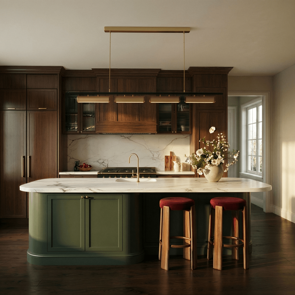 Lustre led linéaire au-dessus d'un îlot central de cuisine