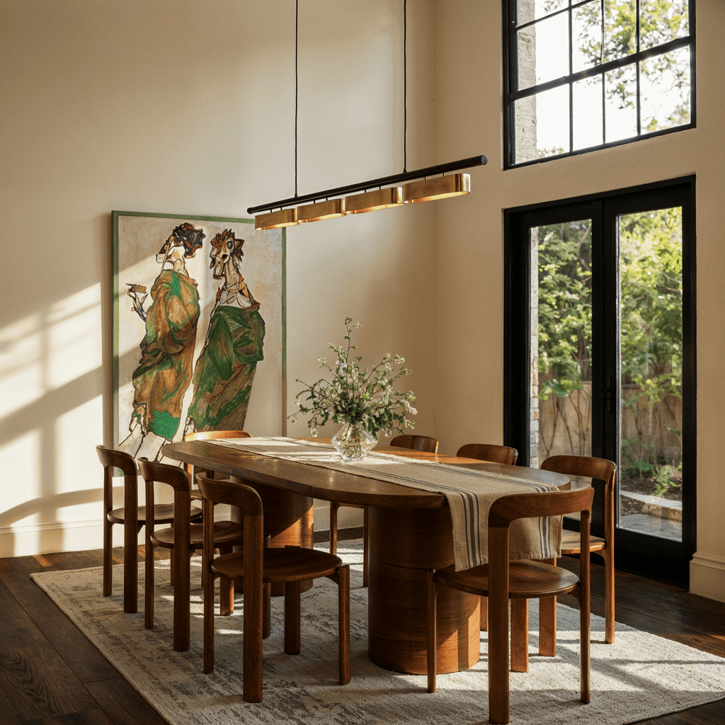 Lustre led linéaire dans une grande salle à manger lumineuse