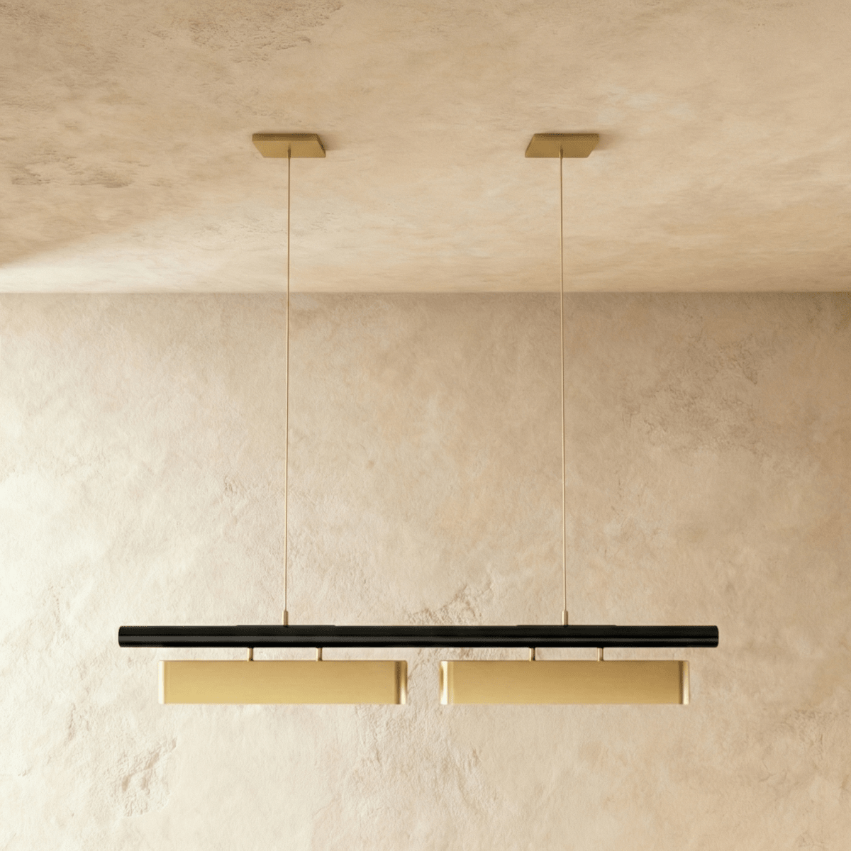 Lustre led 2 têtes vue rapprochée, diffuseurs laiton sous barre noire