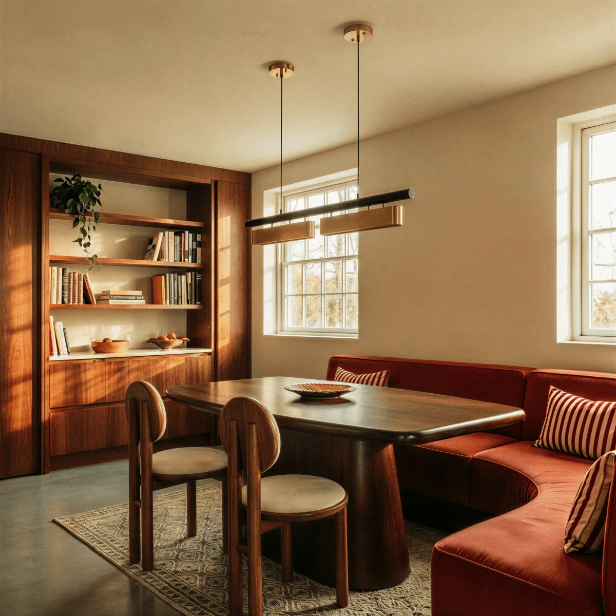 Lustre led moderne dans un coin repas avec banquette rouge