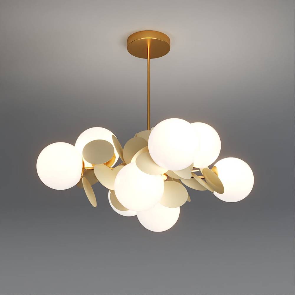 Lustre moderne blanc à sphères opalines et disques dorés