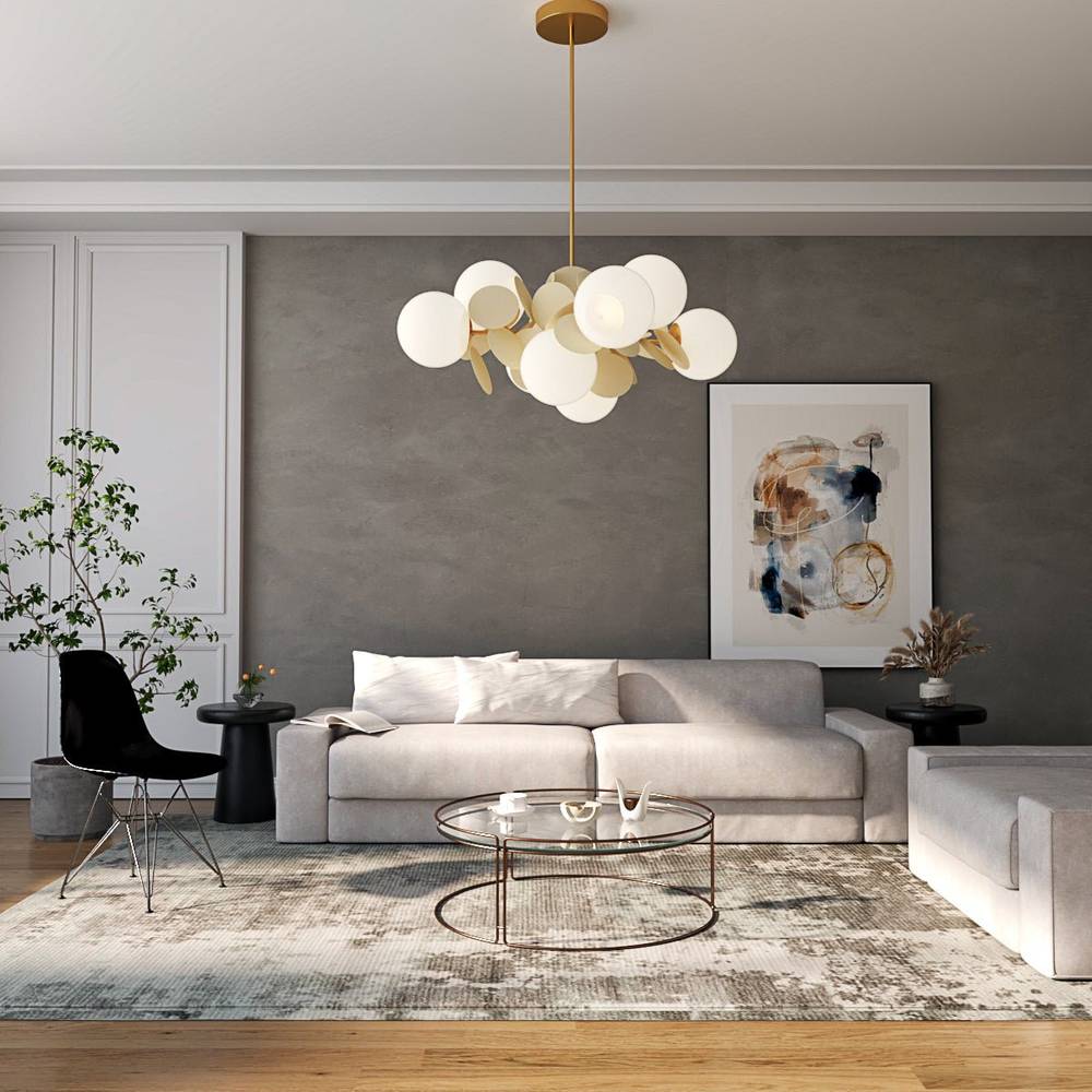 Lustre moderne blanc suspendu dans un salon contemporain