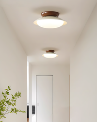 Deux plafonniers LED vintage alignés dans un couloir