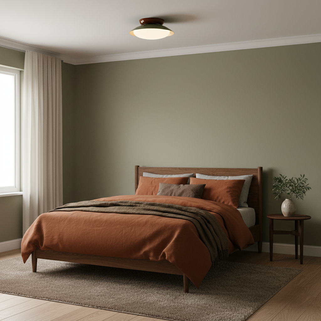 Plafonnier LED vintage allumé au-dessus d'un lit dans une chambre aux murs verts