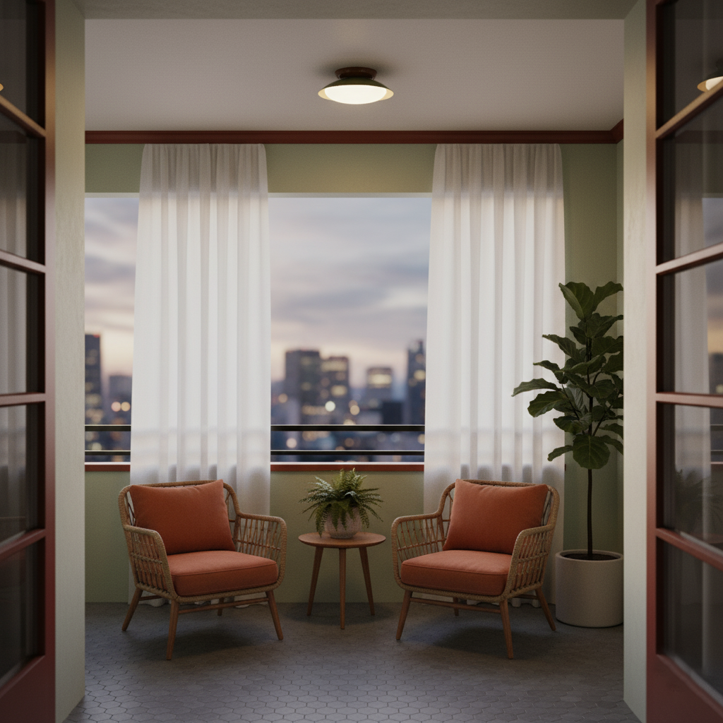 Plafonnier LED vintage dans un salon avec fauteuils en rotin et grandes baies vitrées