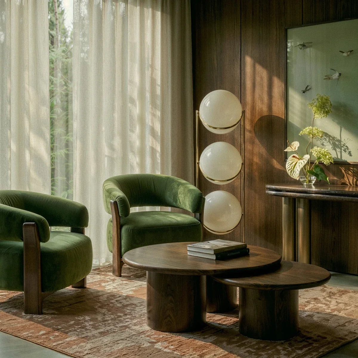 Lampadaire design à trois étages dans un salon chaleureux