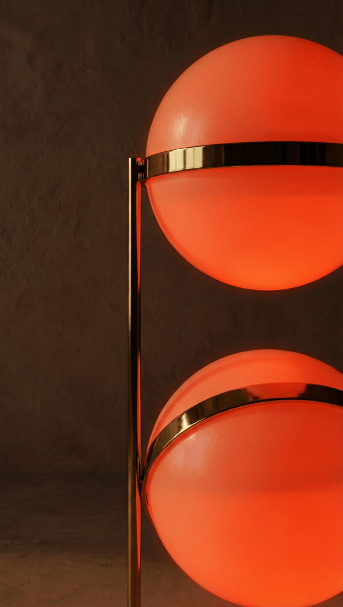 Détail des sphères du lampadaire design éclairées de nuit
