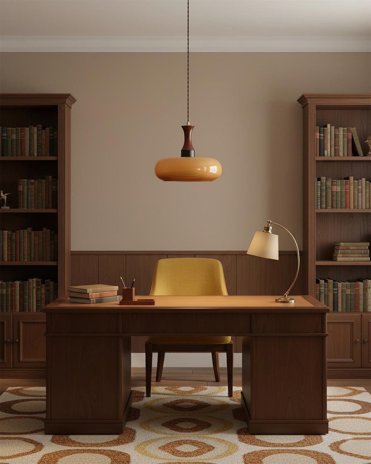 Suspension baladeuse en verre au-dessus d'un bureau dans une bibliothèque