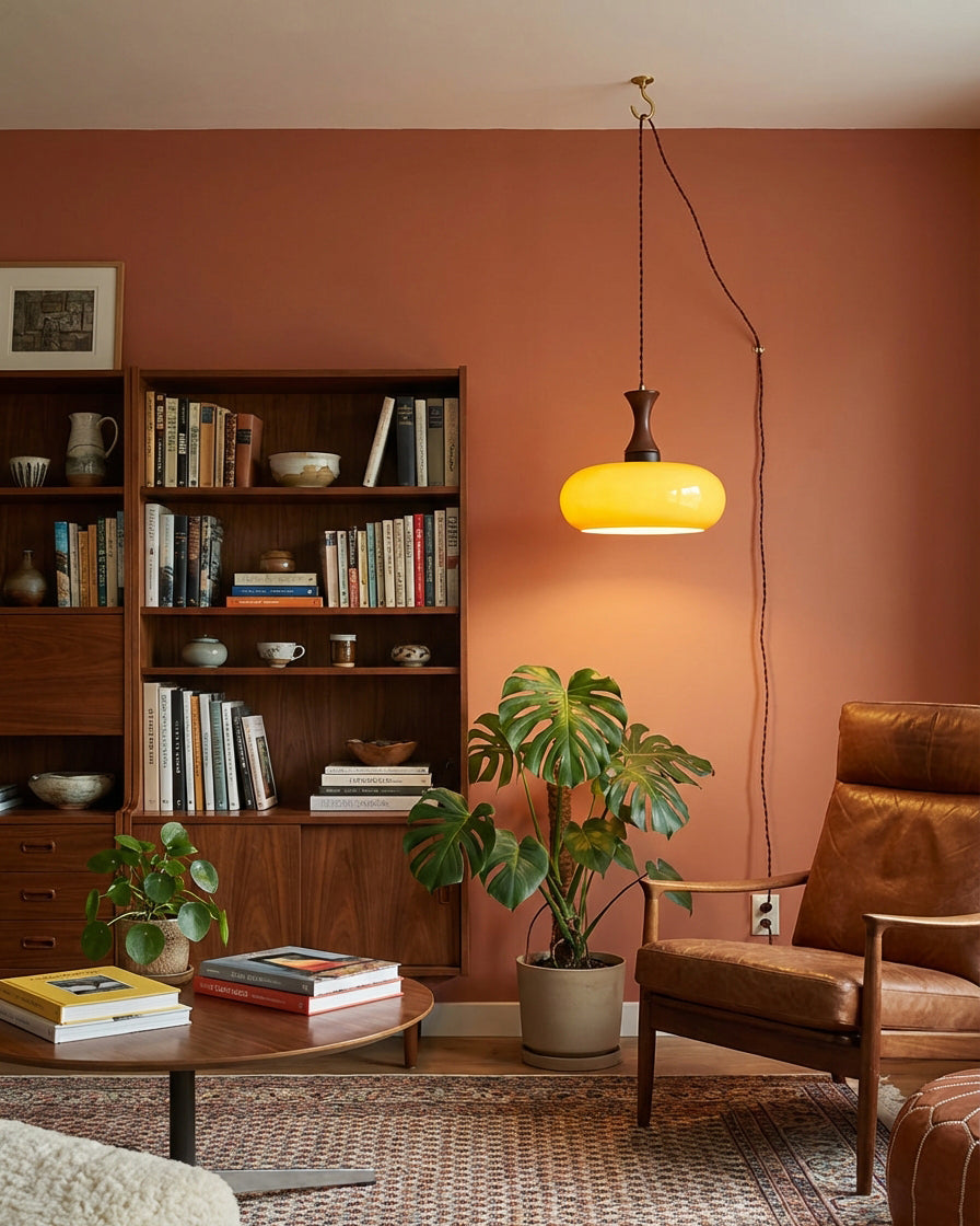 Suspension baladeuse en verre dans un coin lecture avec bibliothèque et fauteuil en cuir