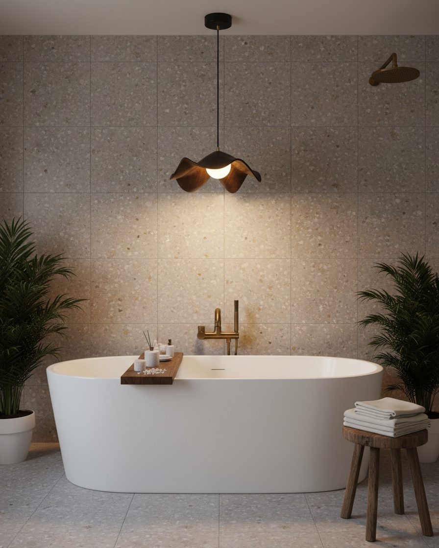 Suspension design organique au-dessus d'une baignoire dans une salle de bain en terrazzo