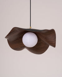 Suspension design organique finition noyer allumée sur fond clair