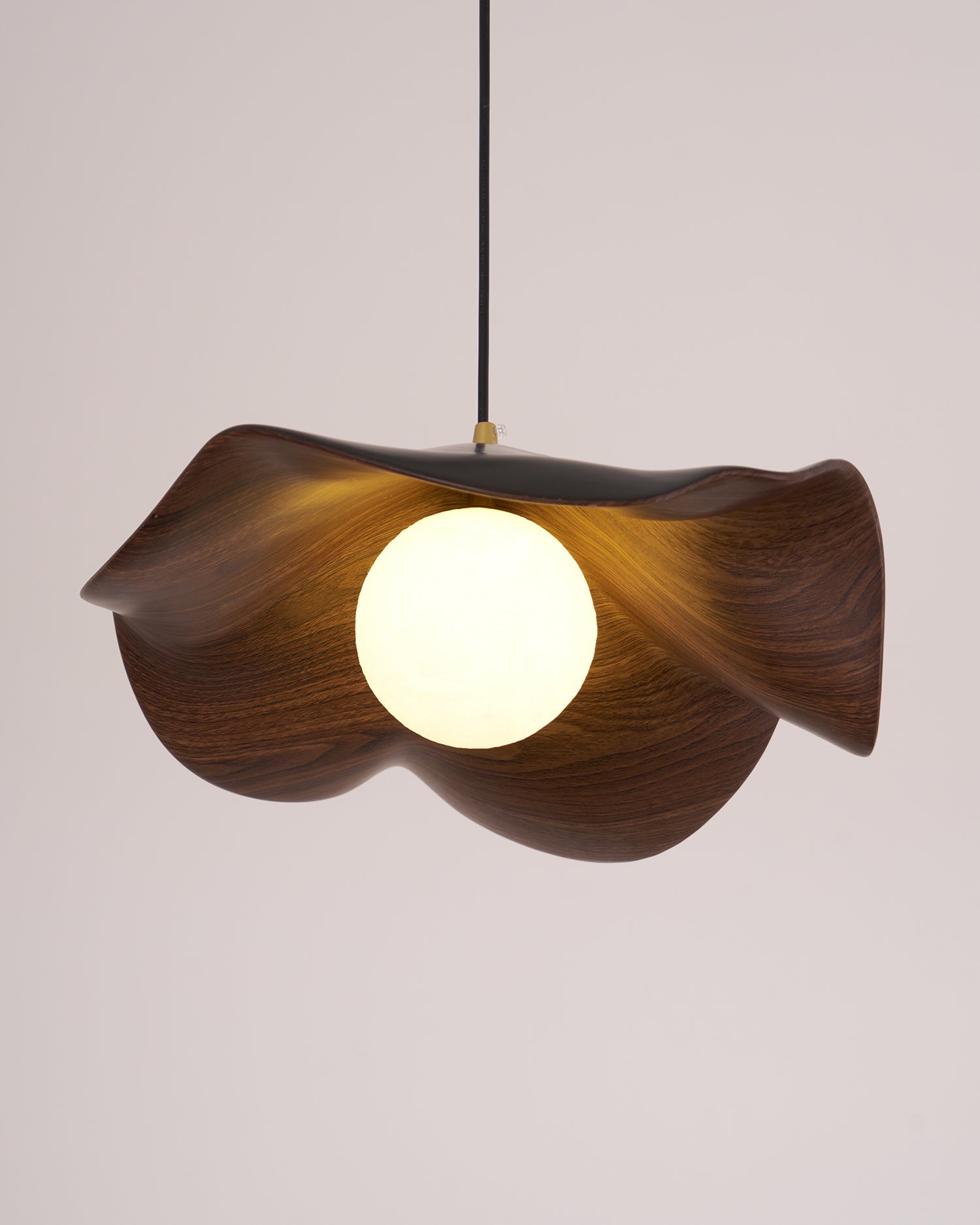 Suspension design organique finition noyer avec sa rosace et son câble
