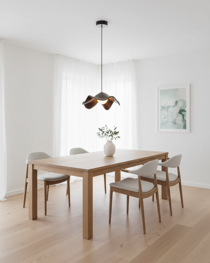 Suspension design organique au-dessus d'une table en bois clair dans une pièce lumineuse