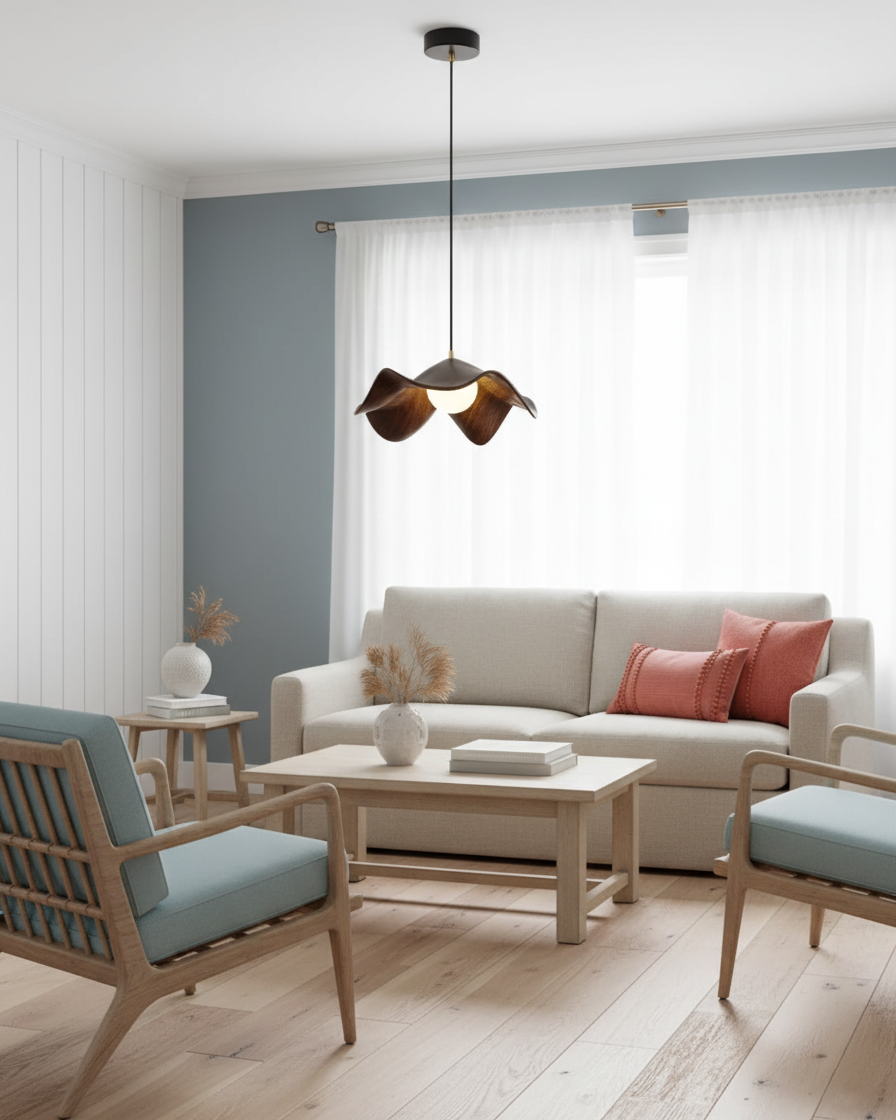Suspension design organique dans un salon aux fauteuils bleus