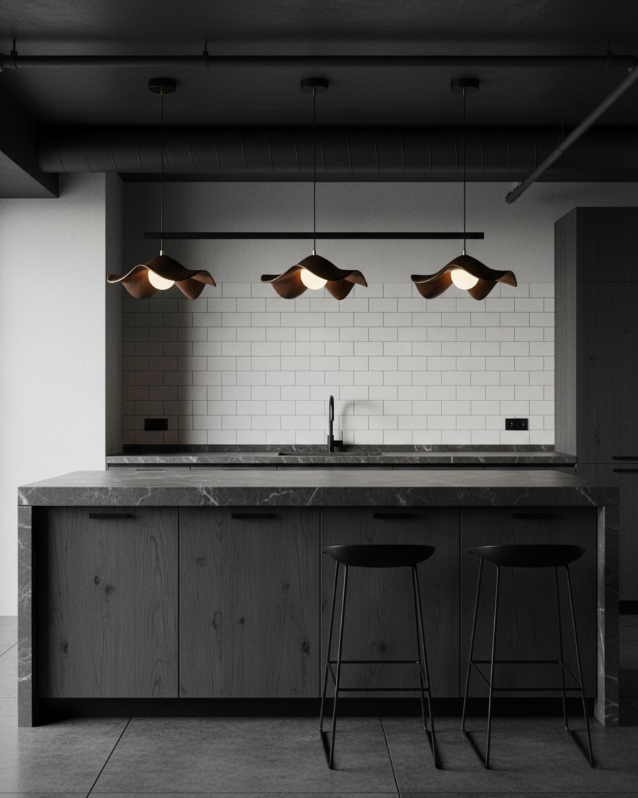 Trois suspensions design organique alignées au-dessus d'un îlot de cuisine sombre