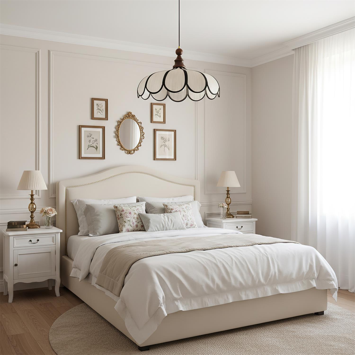Suspension en fibre naturelle au-dessus d'un lit dans une chambre classique