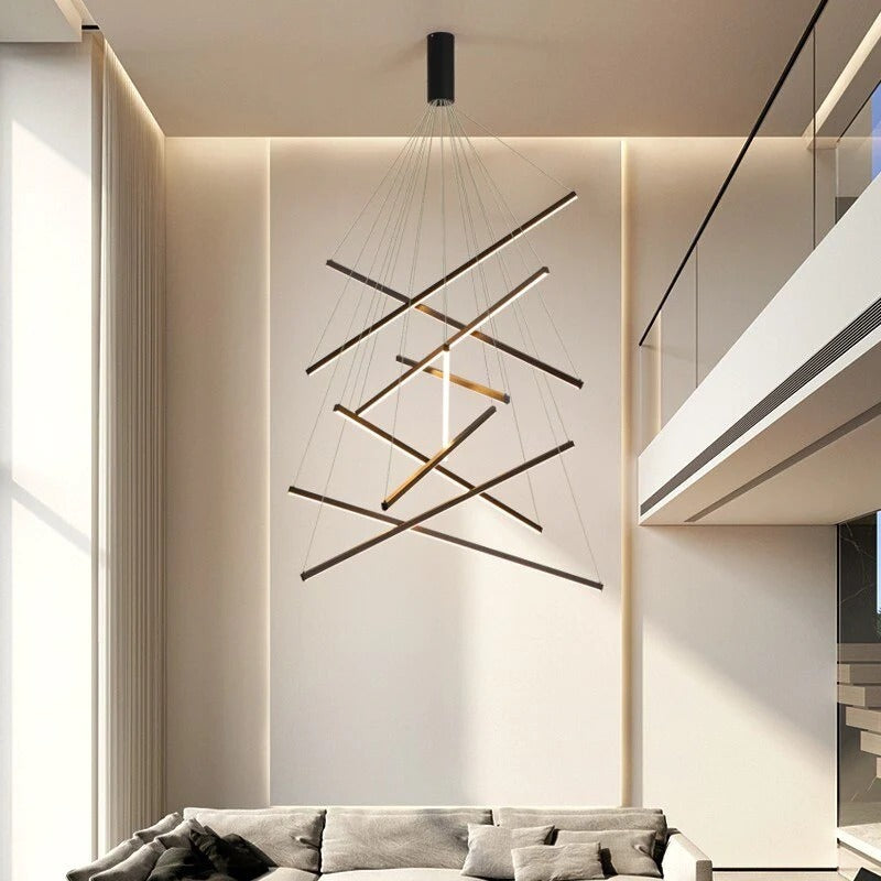 Suspension luminaire LED à barres au dessus d'un canapé dans un intérieur contemporain