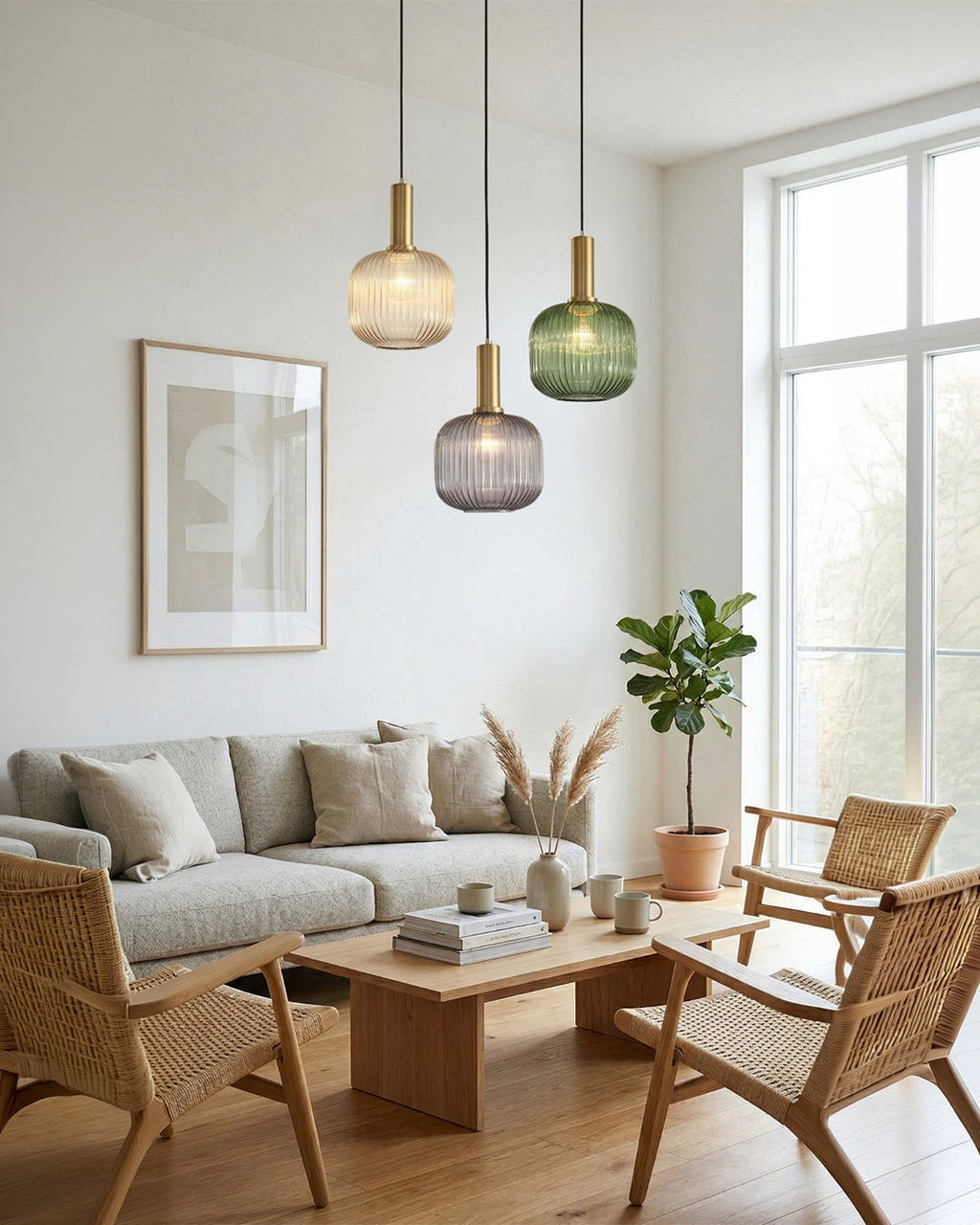Trois suspensions en verre coloré dans un salon lumineux