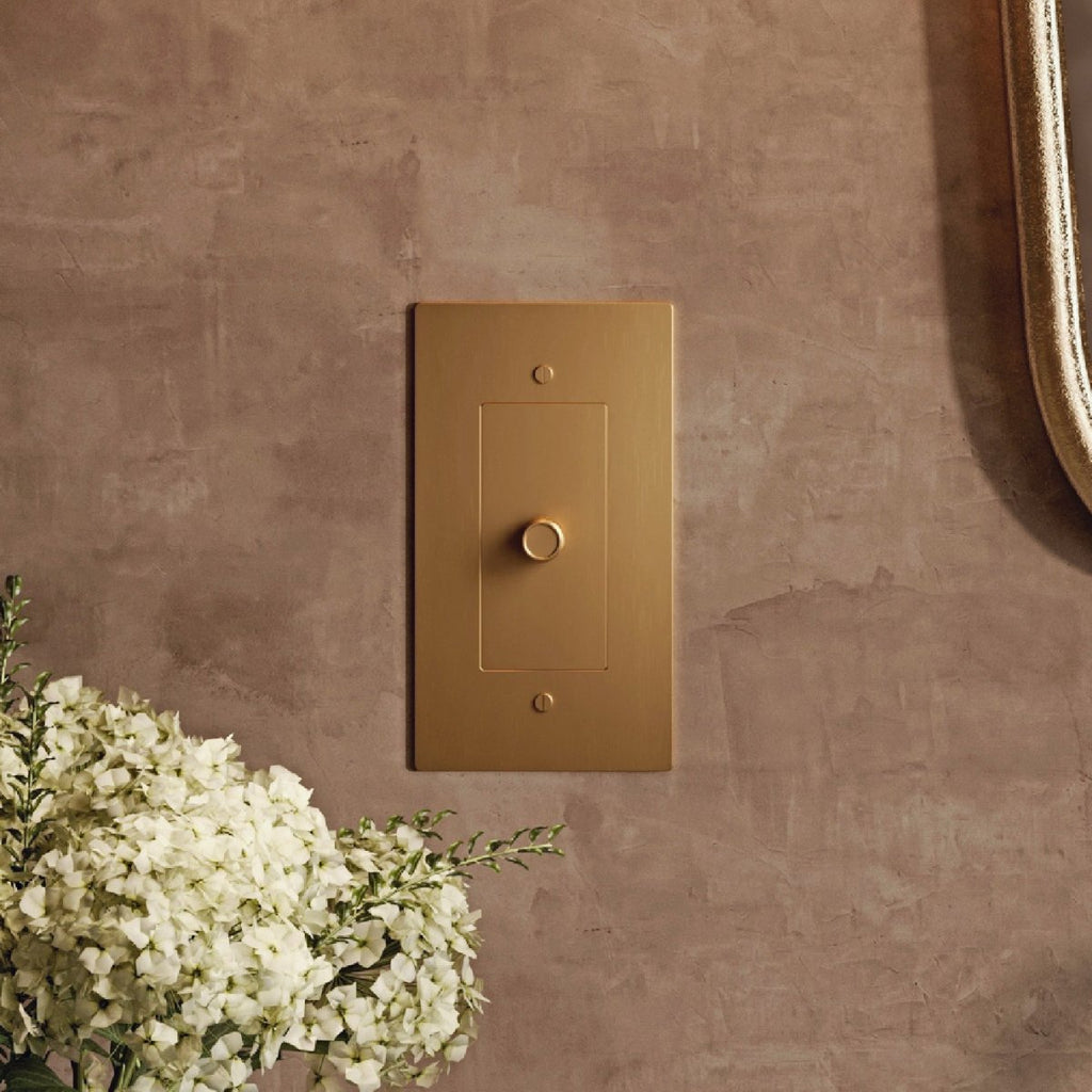 Variateur de lumière en laiton sur un mur terracotta avec un bouquet de fleurs blanches