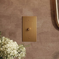Variateur de lumière en laiton sur un mur terracotta avec un bouquet de fleurs blanches