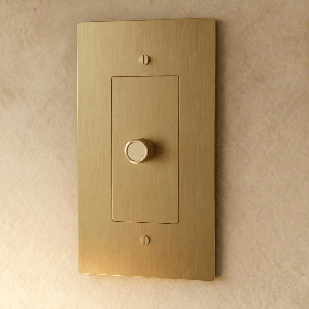 Variateur de lumière en laiton doré 1 poste sur un mur beige