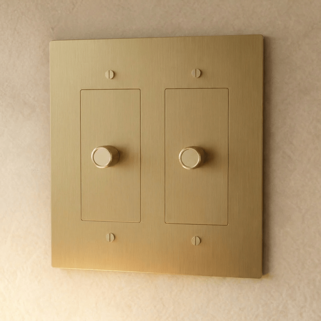Variateur de lumière en laiton doré 2 postes sur un mur beige