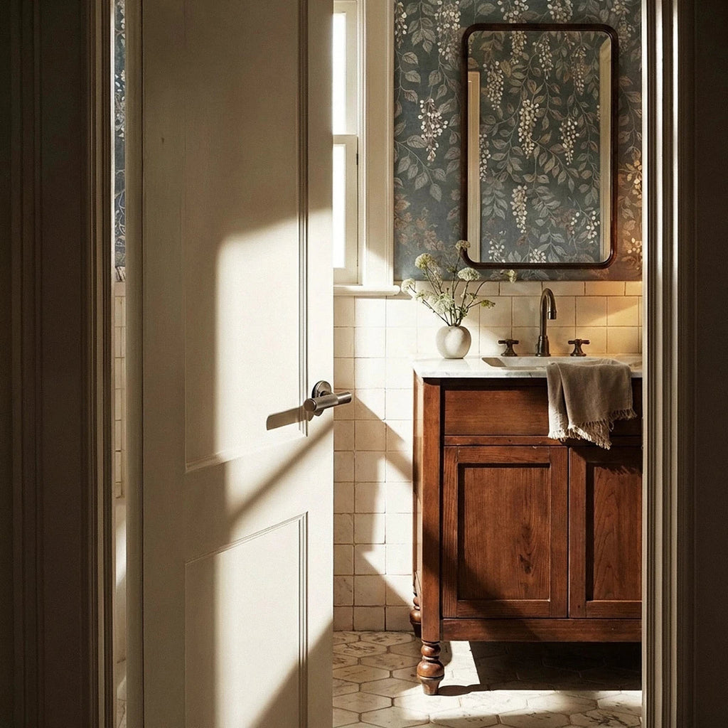 Poignée de porte en laiton dans une salle de bain