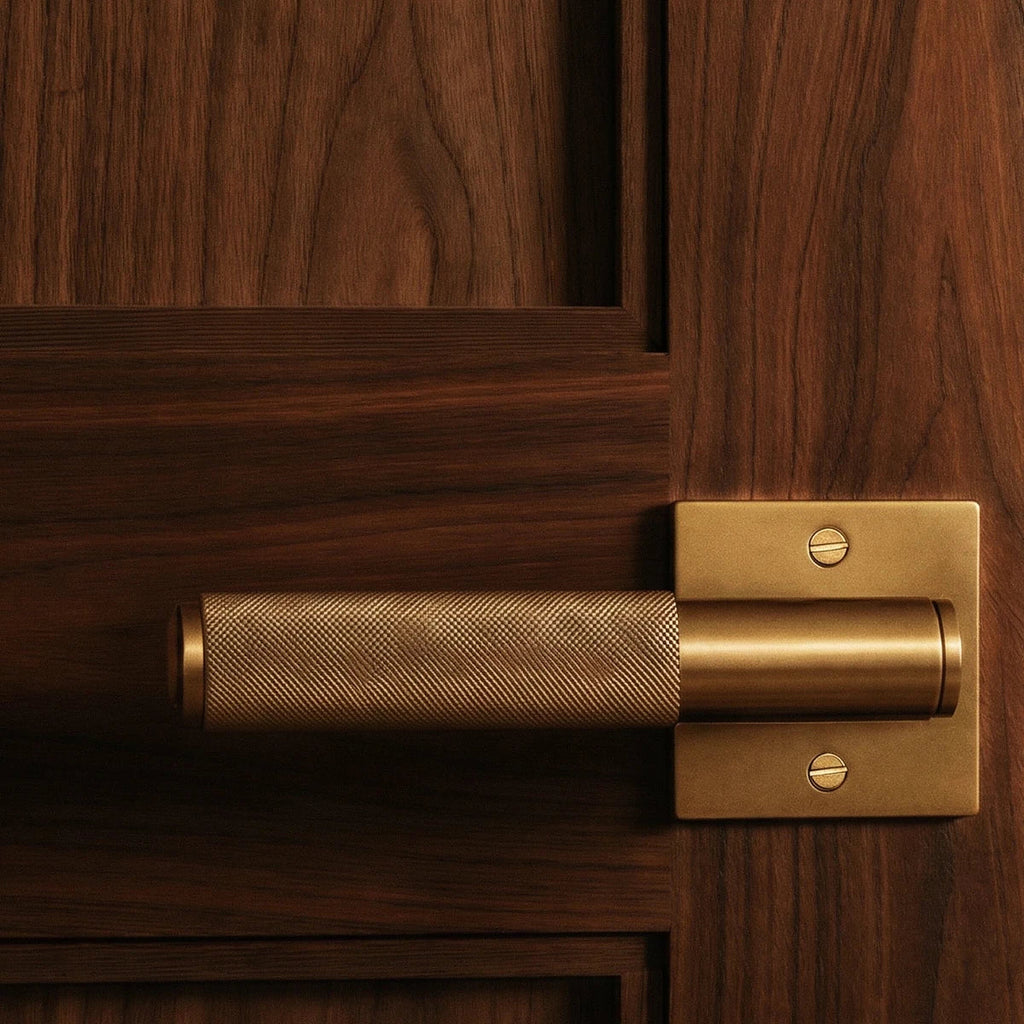 Poignée de porte en laiton brossé sur porte en noyer, gros plan