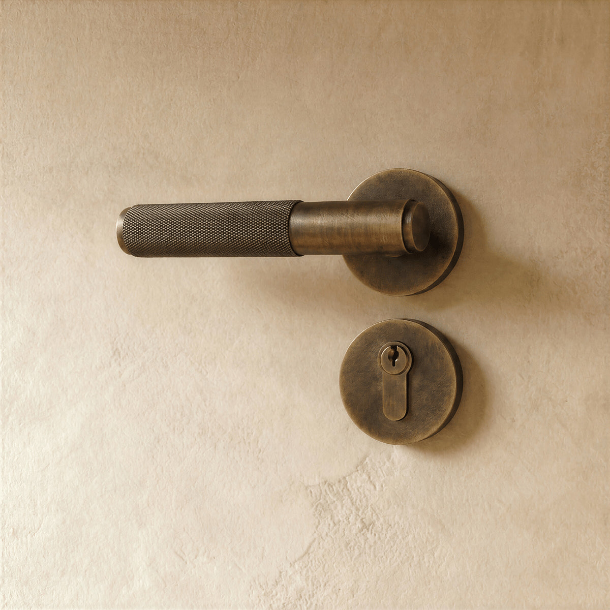 Poignée laiton vintage rosace ronde, serrure à clé