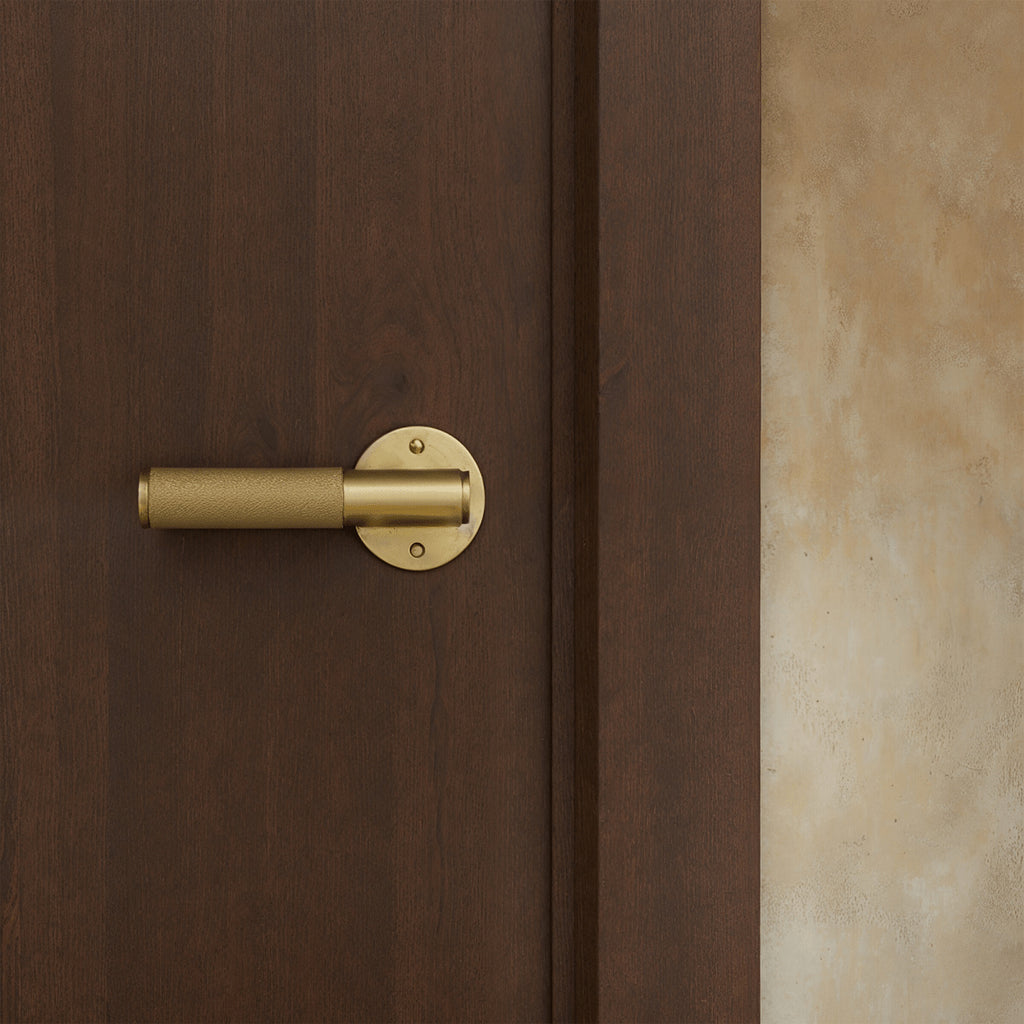 Poignée de porte laiton doré sur porte en bois sombre