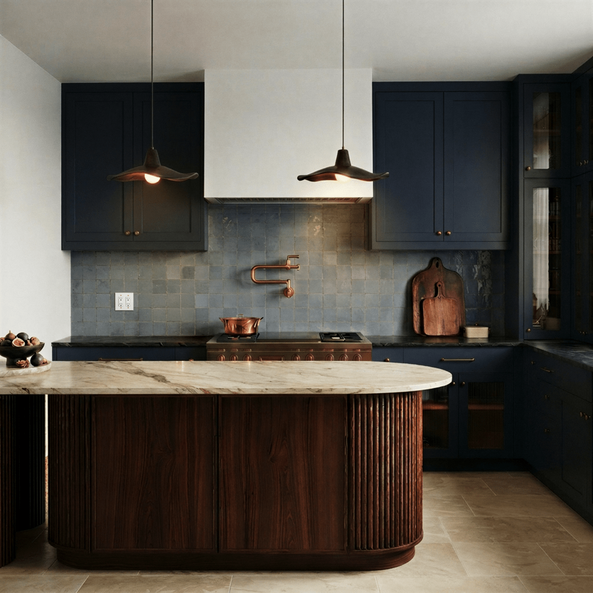 Prise électrique en laiton dans une cuisine bleue avec îlot en bois