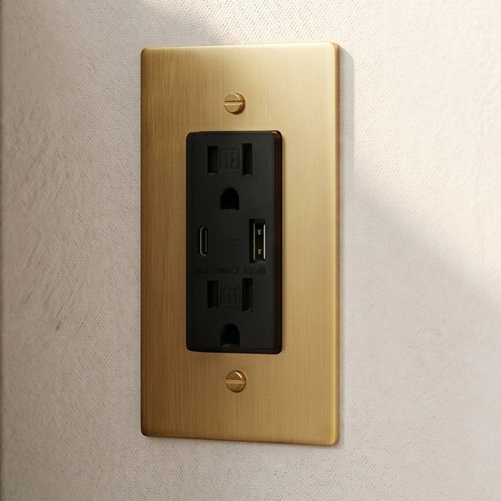 Prise électrique en laiton doré installée sur un mur clair