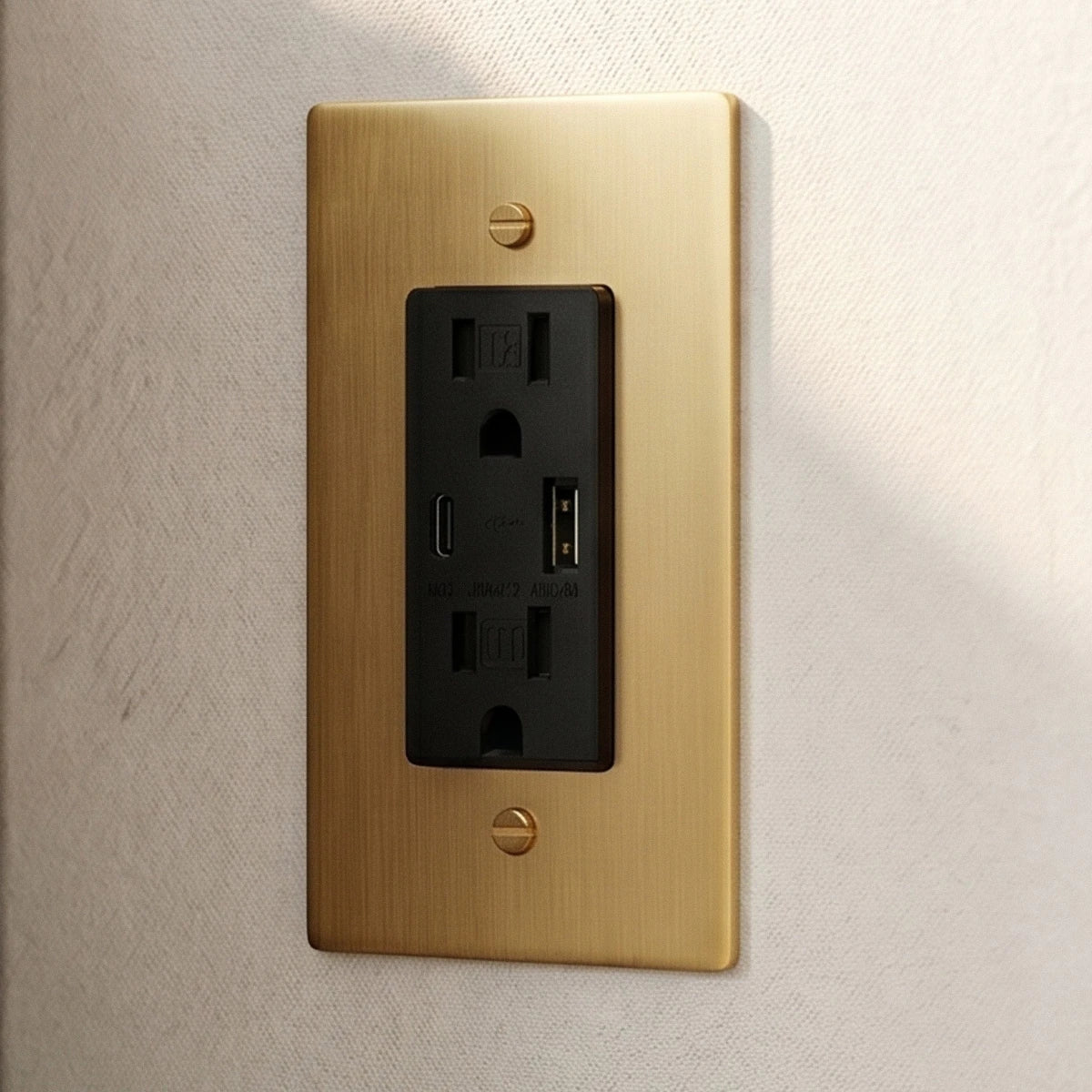 Prise électrique en laiton doré installée sur un mur clair