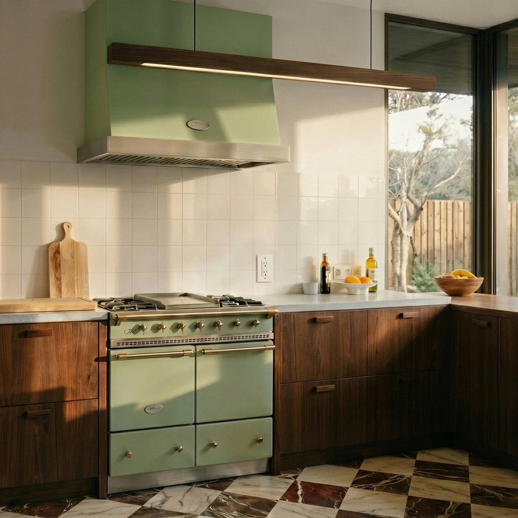 Prise électrique en laiton dans une cuisine avec piano de cuisson vert