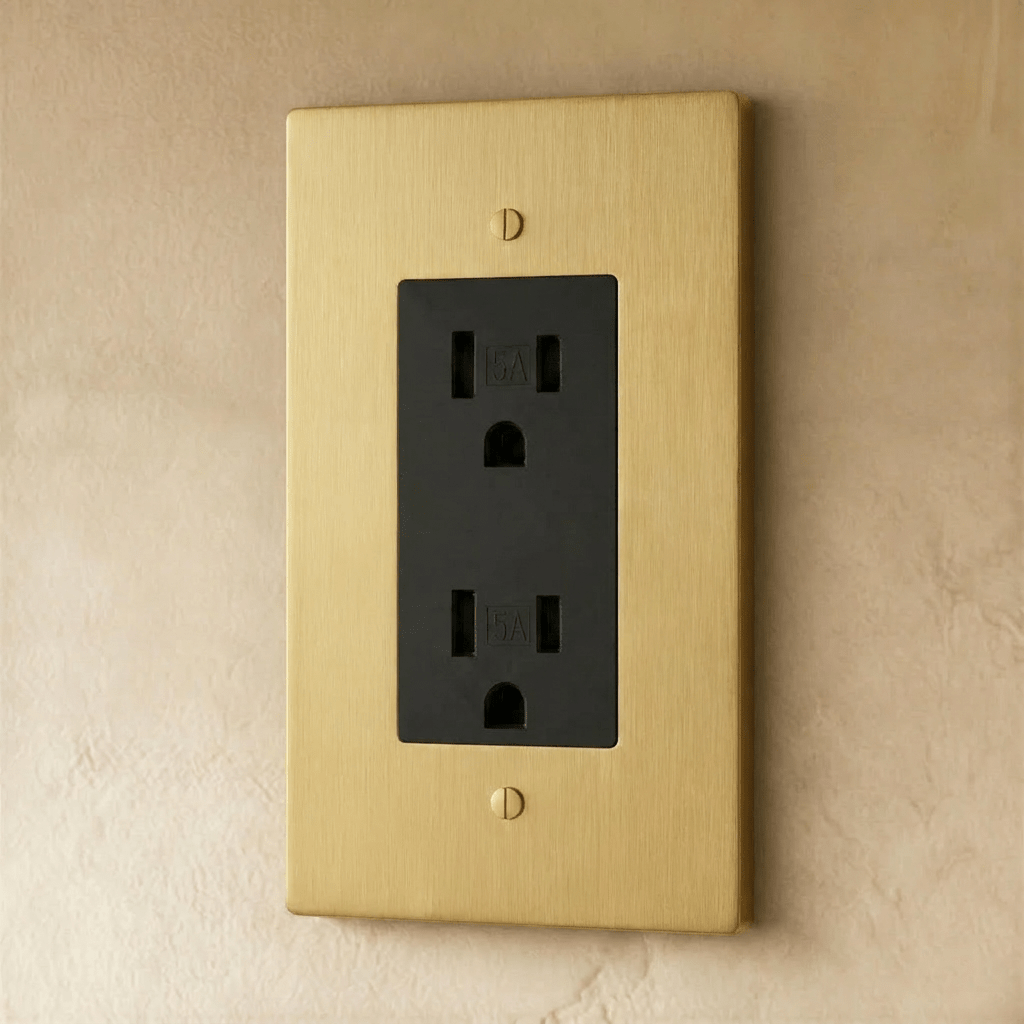 Prise électrique en laiton doré 1 poste sur un mur beige