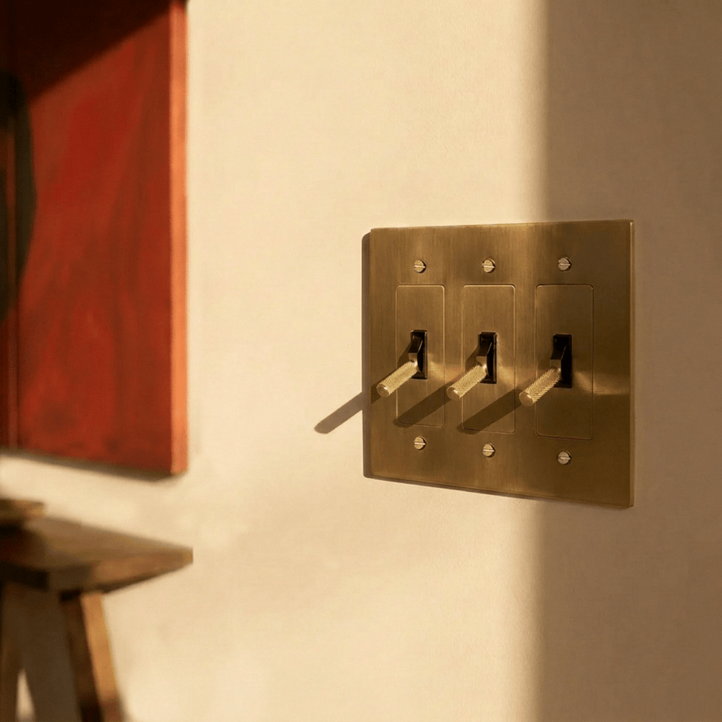 Interrupteur laiton 3 postes sur mur avec oeuvre d art