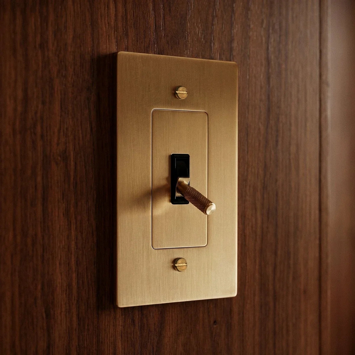 Interrupteur laiton sur un mur en bois sombre